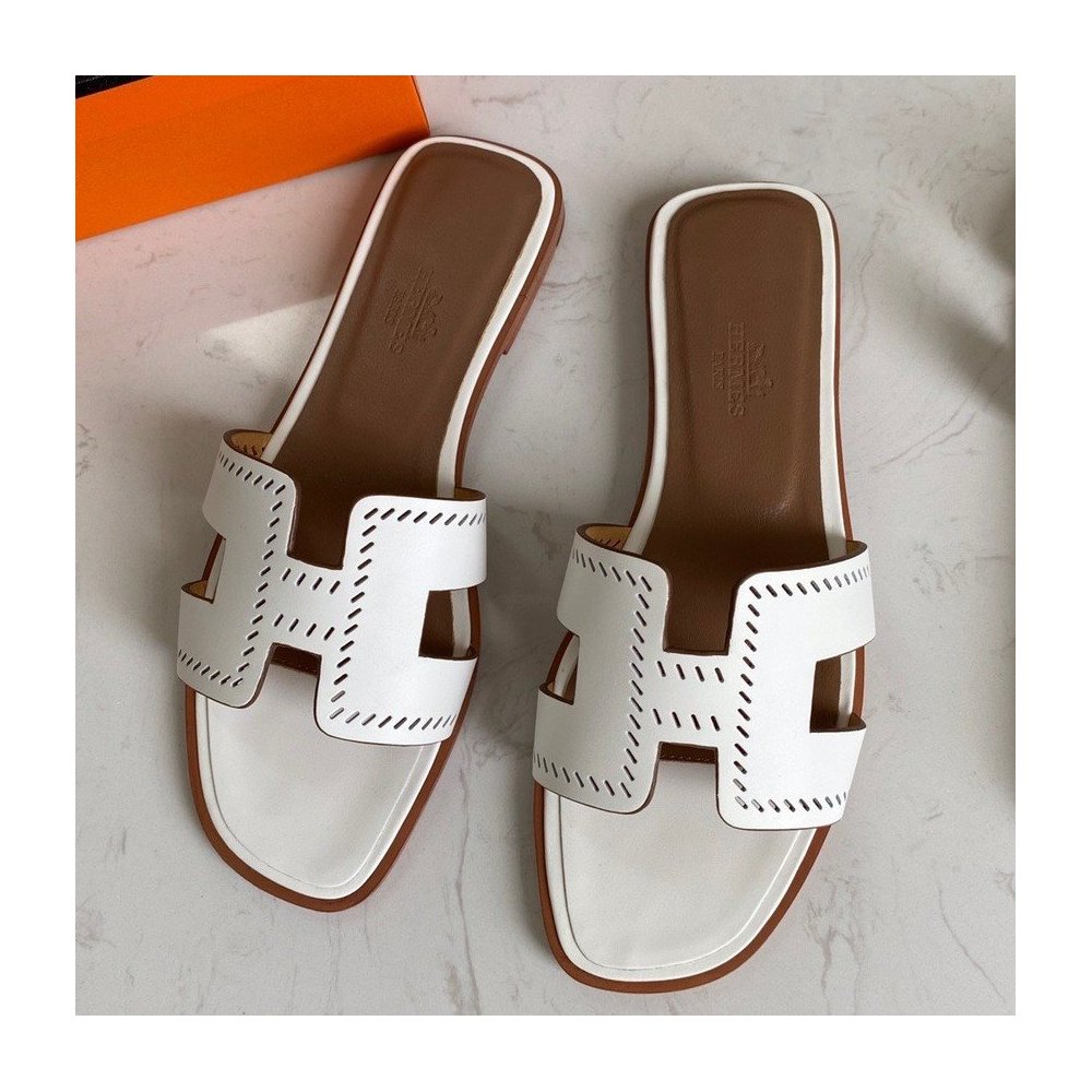 Cheap Reps Hermes Oran Slide Sandals In White Swift Perforated Calfskin