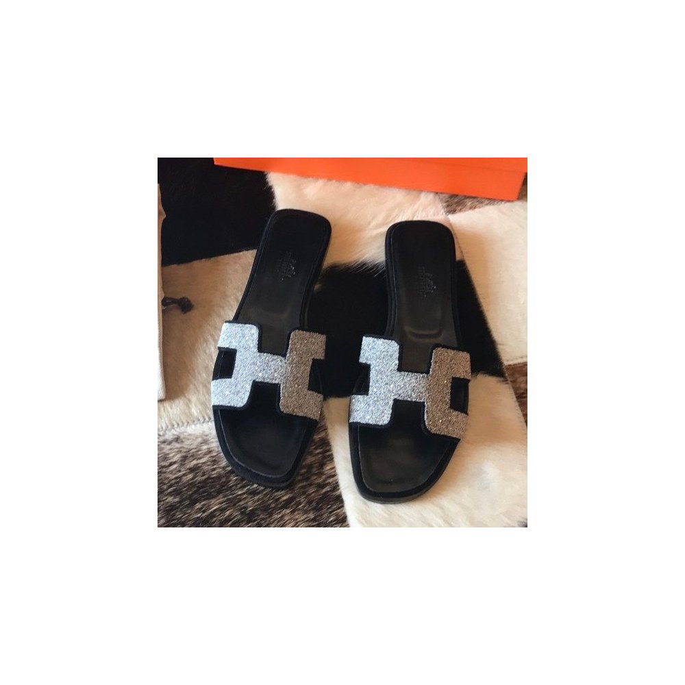 Cheap Reps Hermes Oran Slide Sandals In Black Suede With Crystal