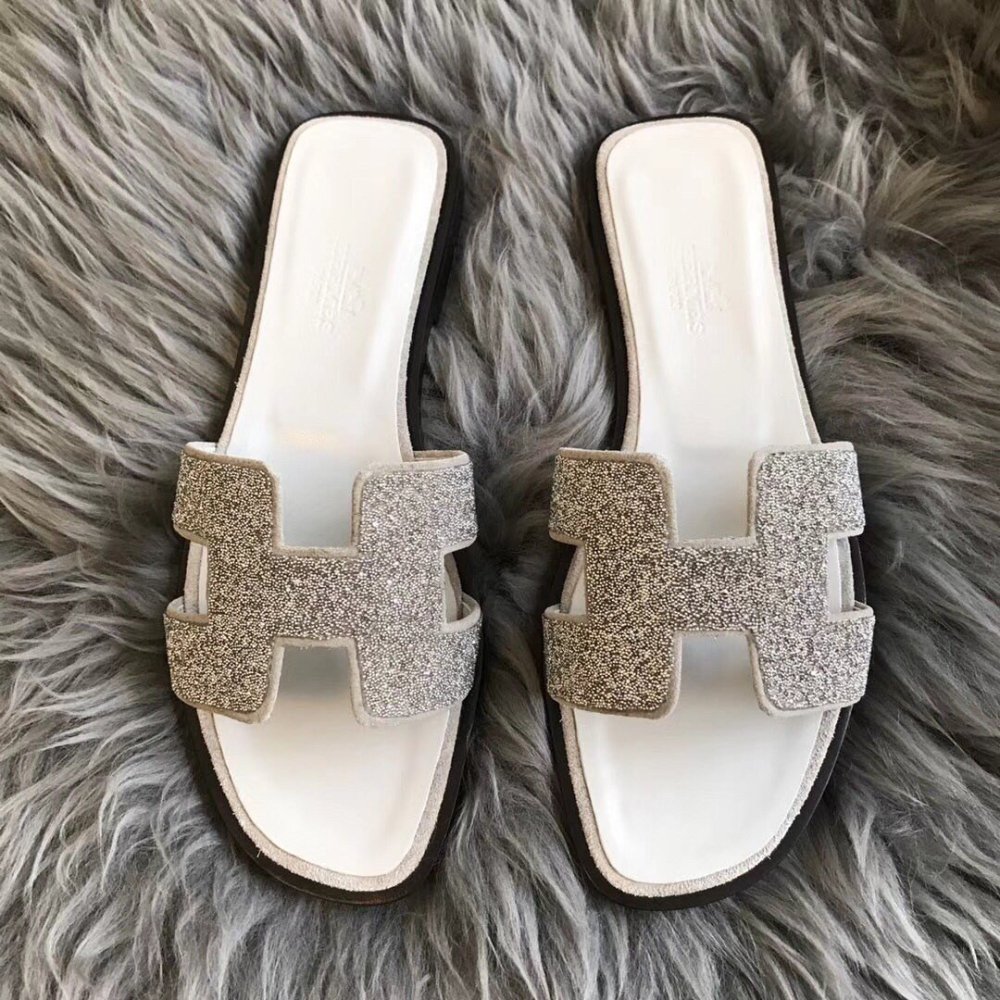 Cheap Reps Hermes Oran Slide Sandals In White Suede With Crystal