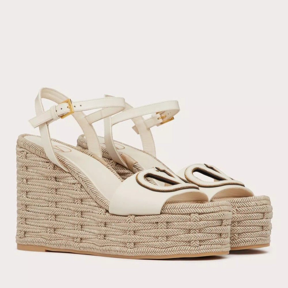 Cheap Reps Valentino VLogo Cut-out Espadrille Wedge Sandals in White Leather