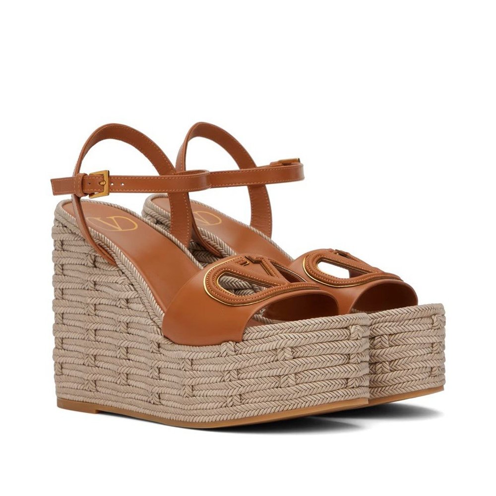 Cheap Reps Valentino VLogo Cut-out Espadrille Wedge Sandals in Brown Leather