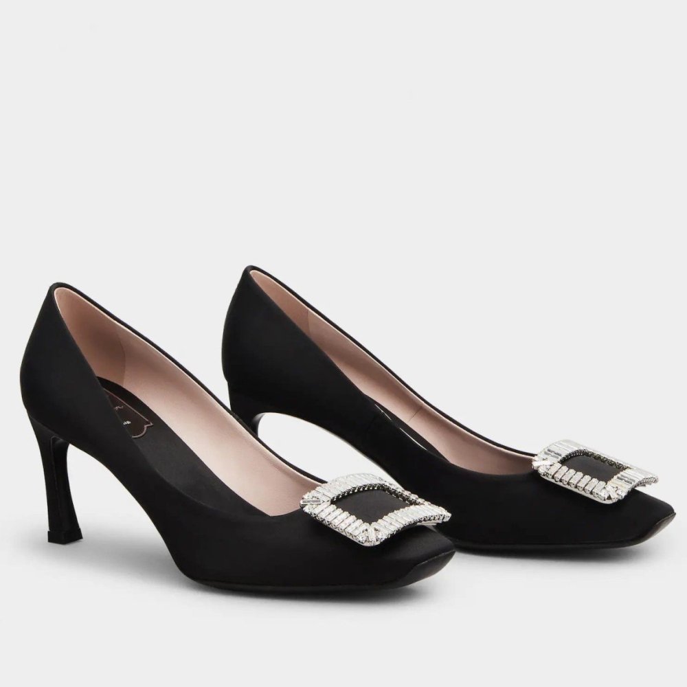 Cheap Reps Roger Vivier Trompette Crystal Buckle Pumps in Black Satin