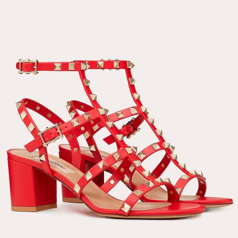 Cheap Reps Valentino Rockstud Ankle Strap Sandals 60mm In Red Calfskin