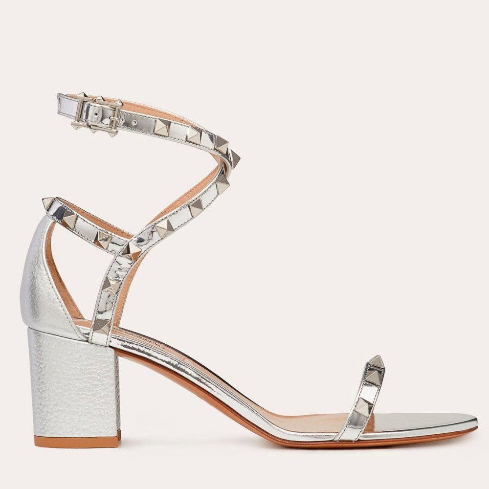 Cheap Reps Valentino Rockstud Sandals 60mm In Silver Calfskin