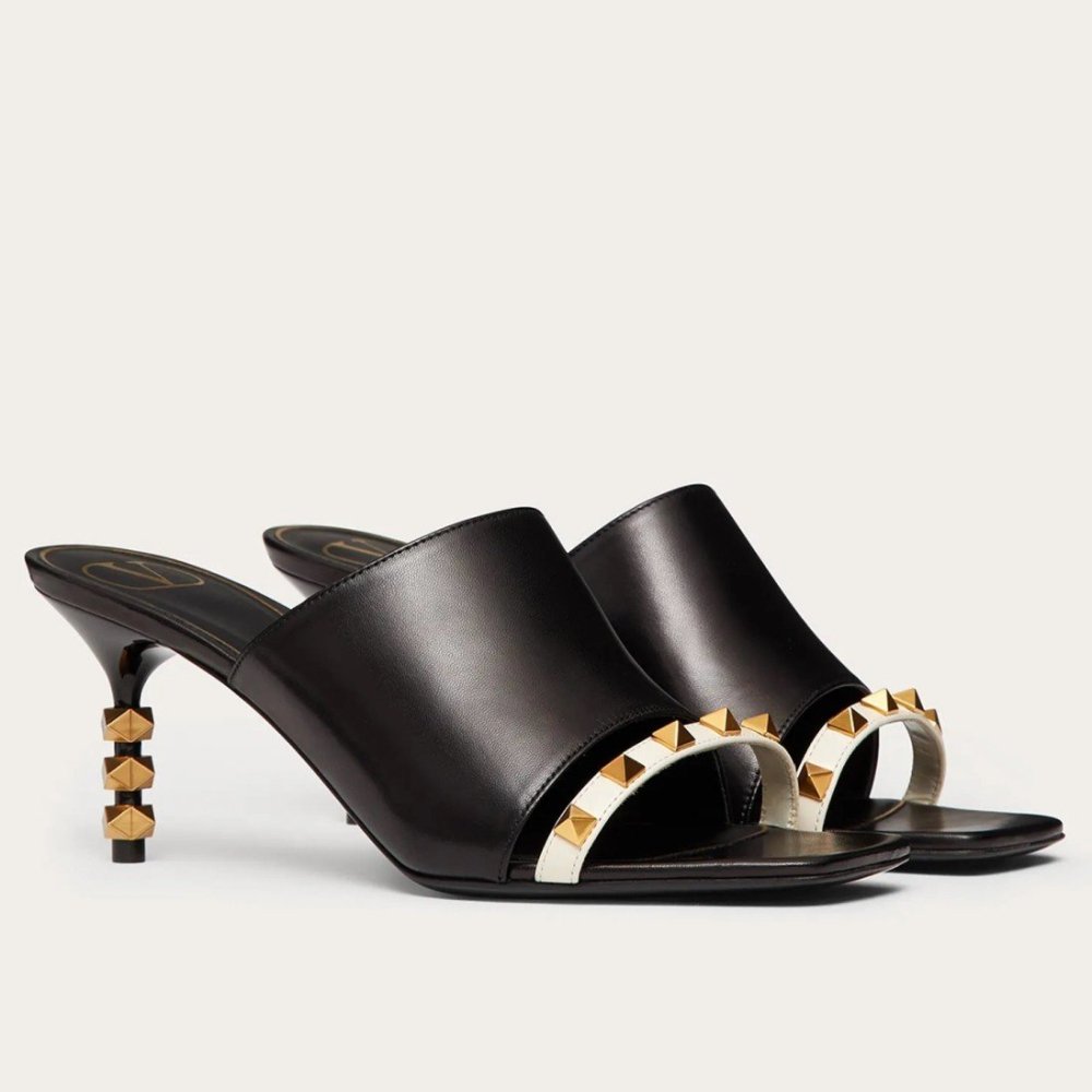 Cheap Reps Valentino Black Rockstud Slide Sandals With Sculpted Heel