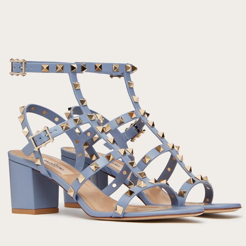 Cheap Reps Valentino Rockstud Ankle Strap Sandals 60mm In Blue Calfskin