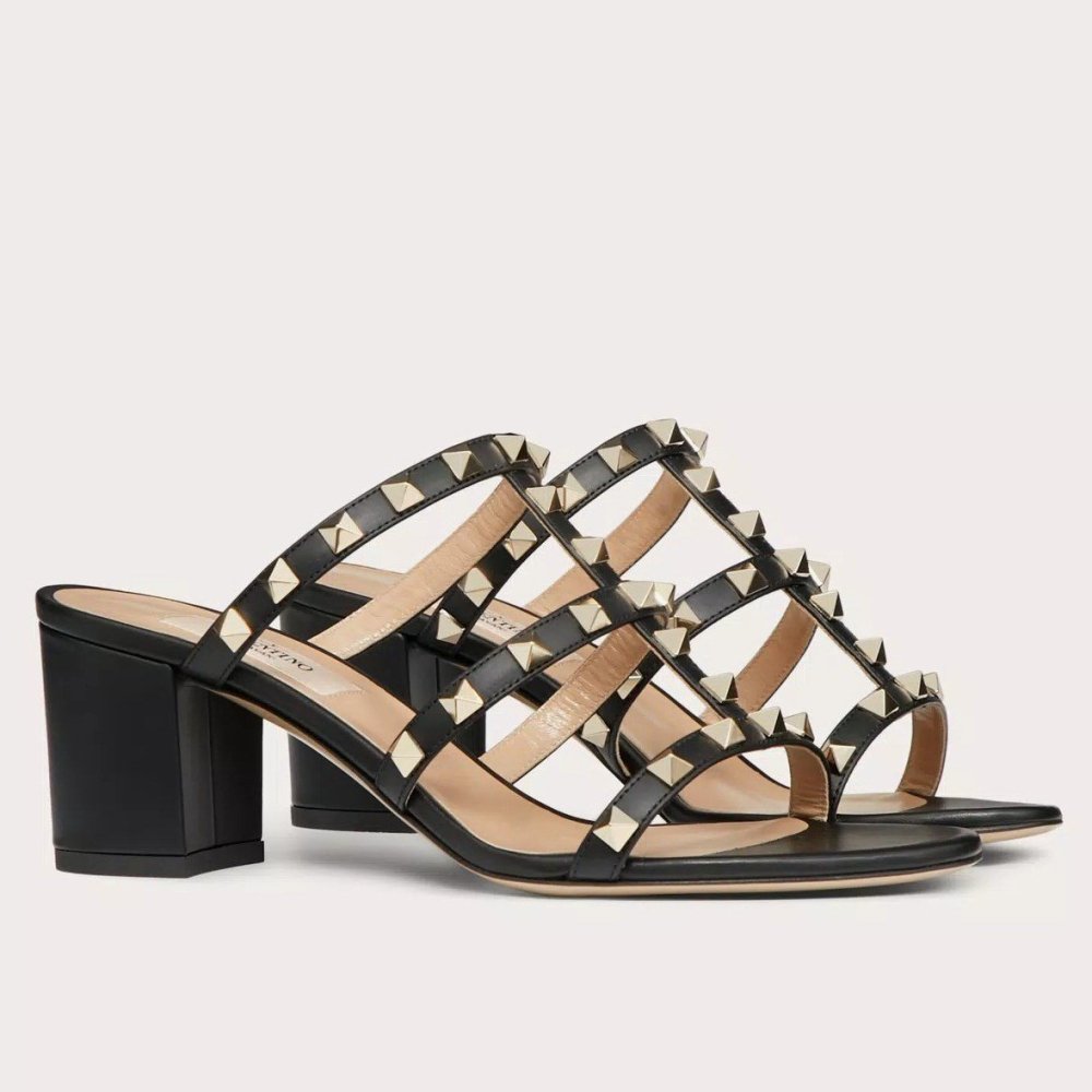 Cheap Reps Valentino Rockstud Slide Sandals 60mm In Black Calfskin