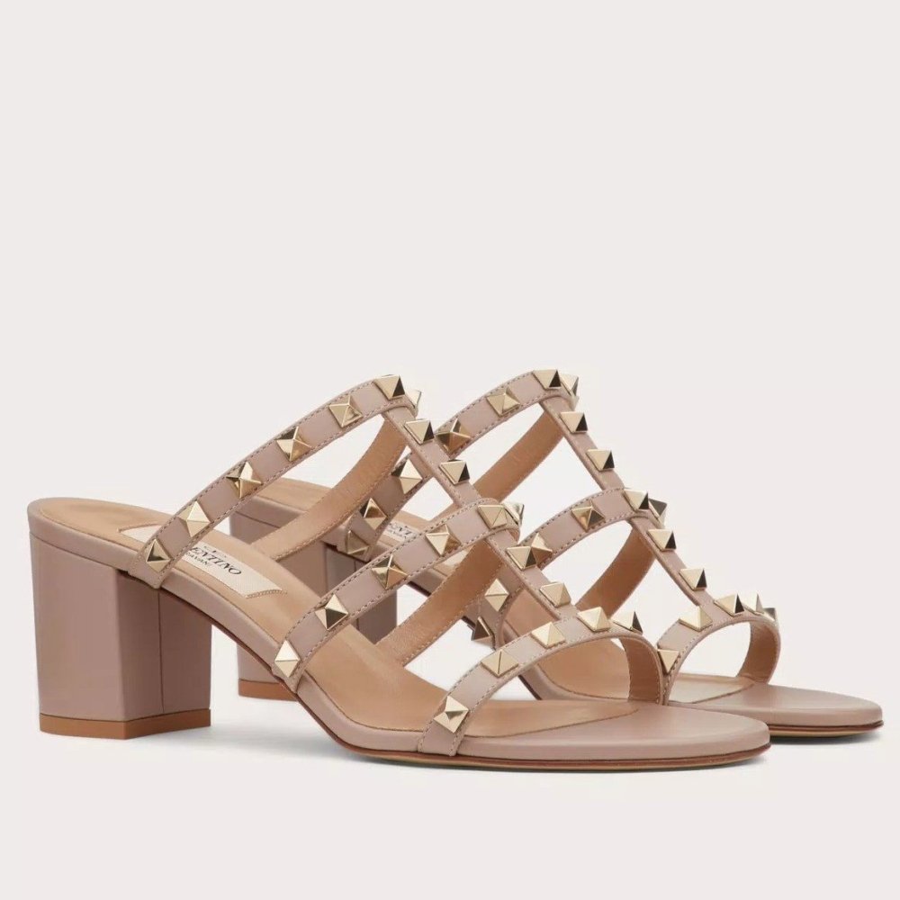 Cheap Reps Valentino Rockstud Slide Sandals 60mm In Poudre Calfskin