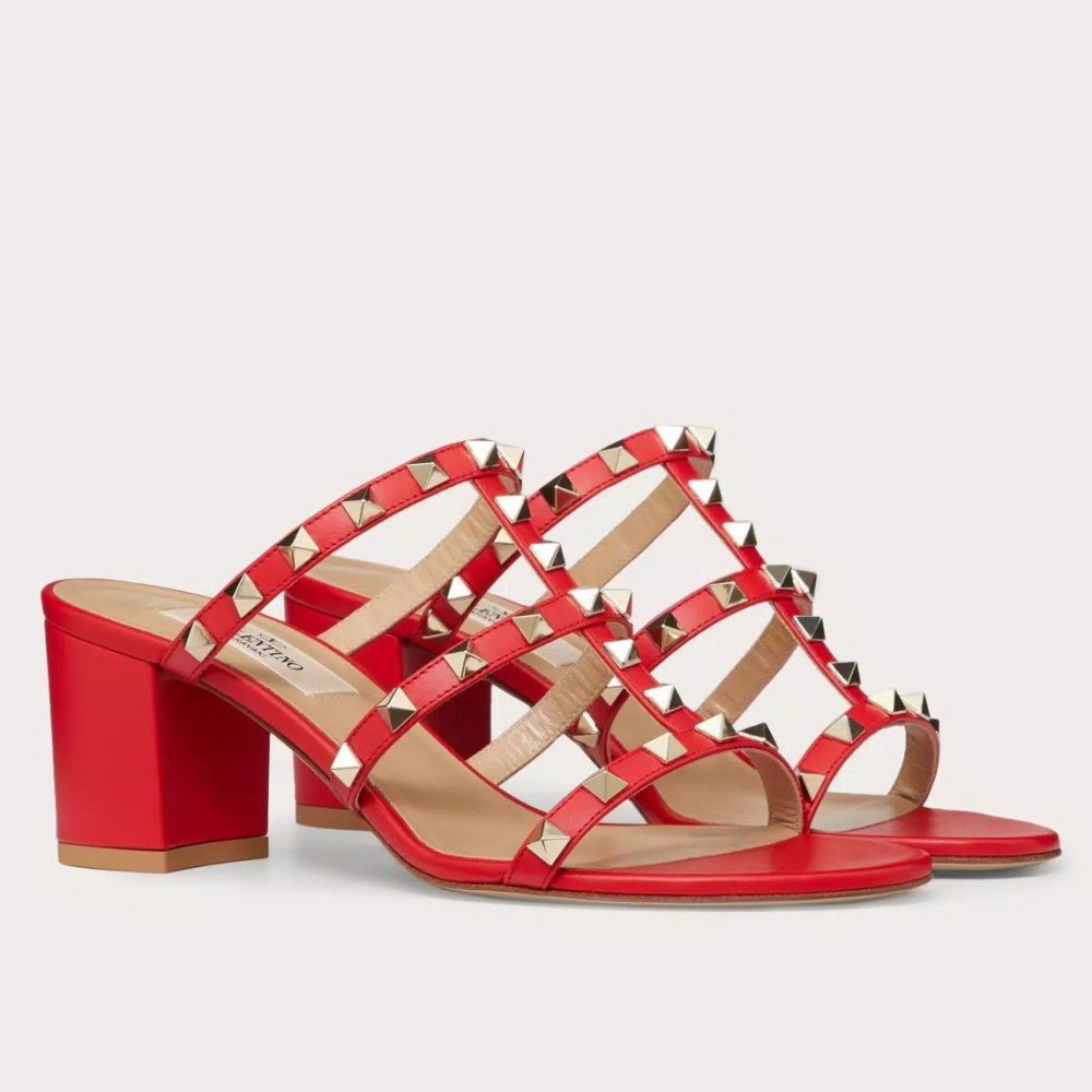 Cheap Reps Valentino Rockstud Slide Sandals 60mm In Red Calfskin