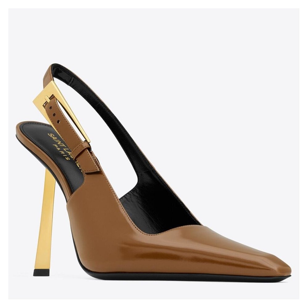 Cheap Reps Saint Laurent Lee Slingback Pumps in Brown Glazed Leather