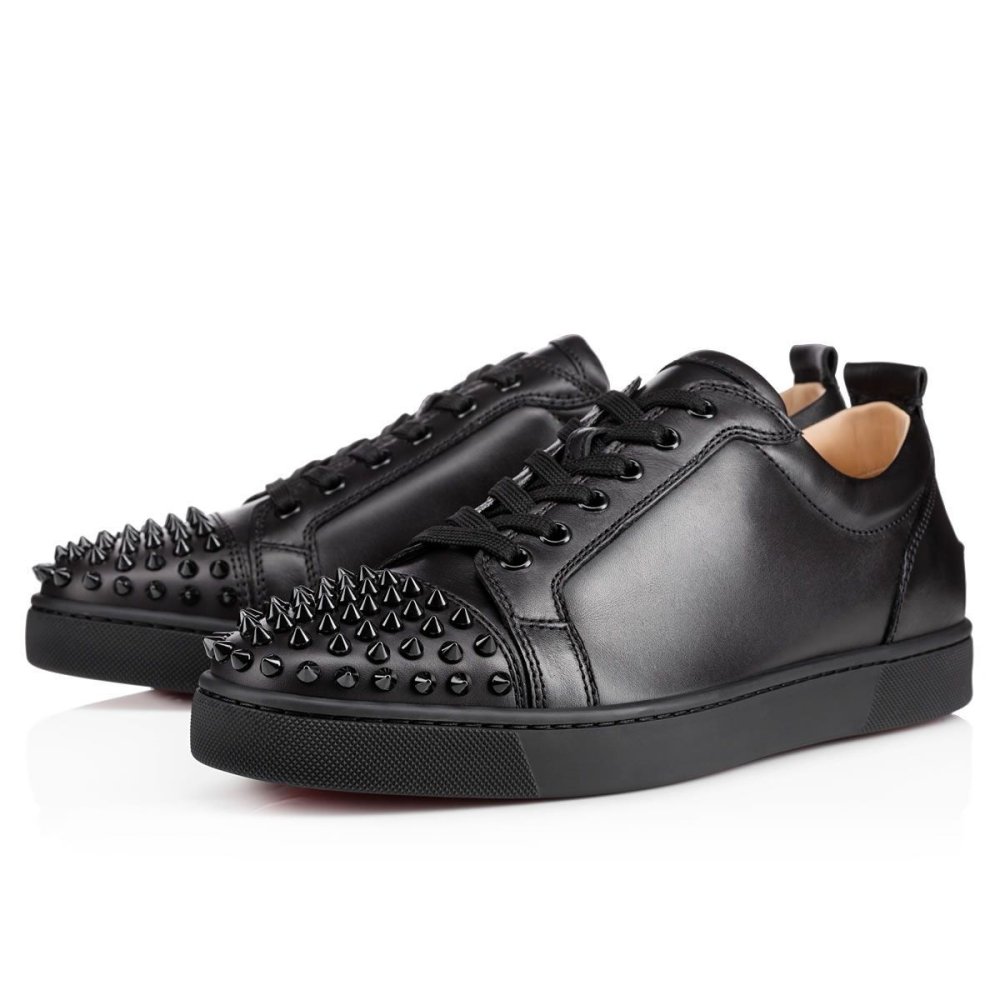 Cheap Reps Christian Louboutin Mens Louis Junior Spikes Flat Sneakers In Black Leather