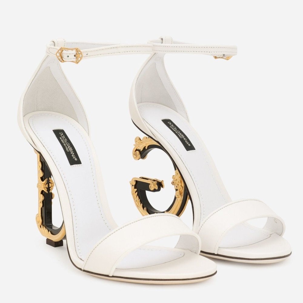 Cheap Reps Dolce Gabbana White Sandals with Baroque DG Heel