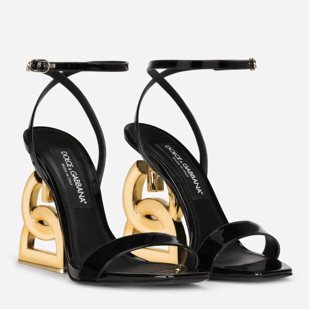 Cheap Reps Dolce Gabbana Black Patent Sandals with DG Pop Heel