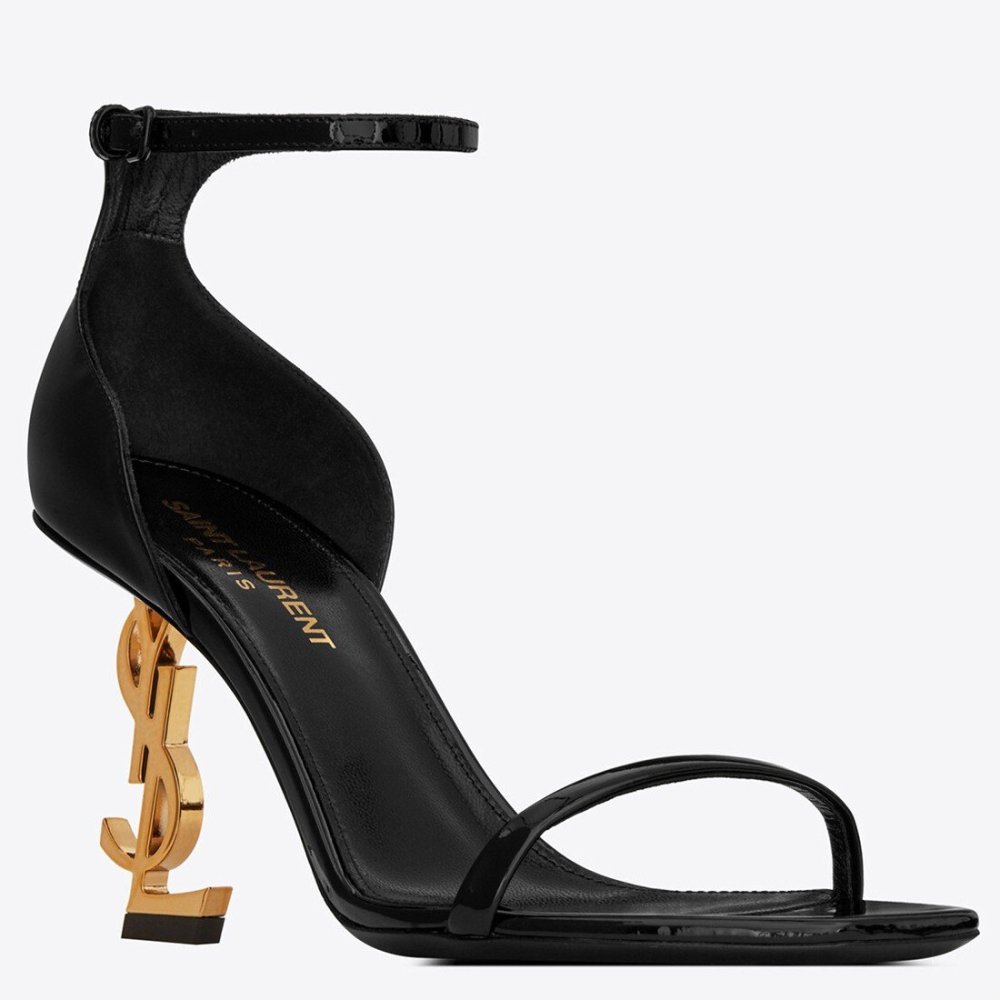 Cheap Reps Saint Laurent Opyum 85mm Sandals in Black Patent Leather with Gold YSL Heel