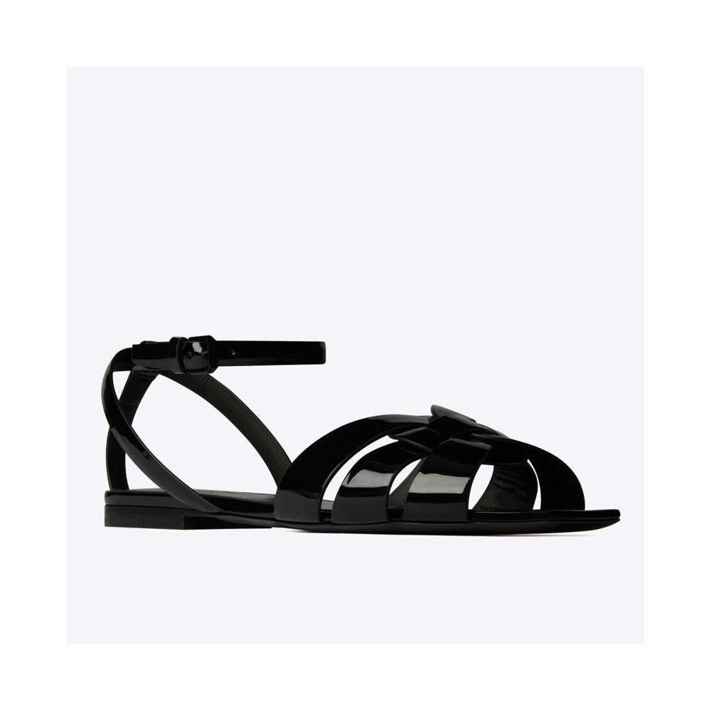 Cheap Reps Saint Laurent Tribute Flat Sandals In Black Patent Leather