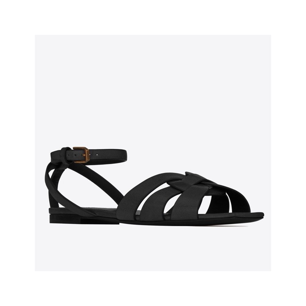 Cheap Reps Saint Laurent Tribute Flat Sandals In Black Calfskin