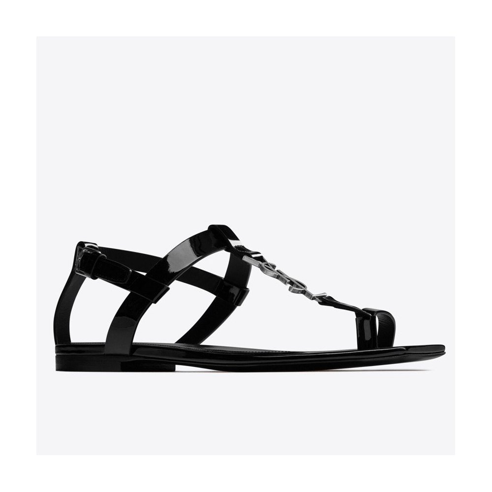 Cheap Reps Saint Laurent Cassandra Flat Sandals In Black Patent Leather