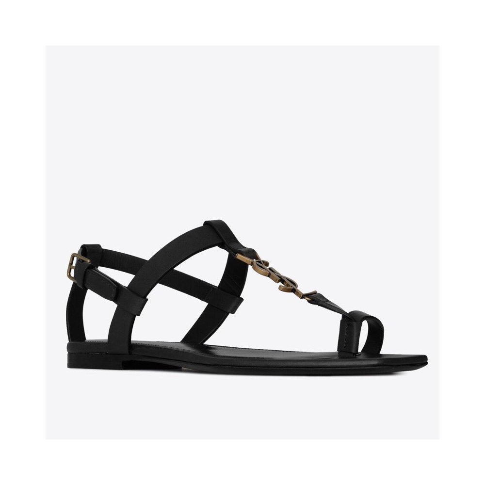 Cheap Reps Saint Laurent Cassandra Flat Sandals In Black Calfskin