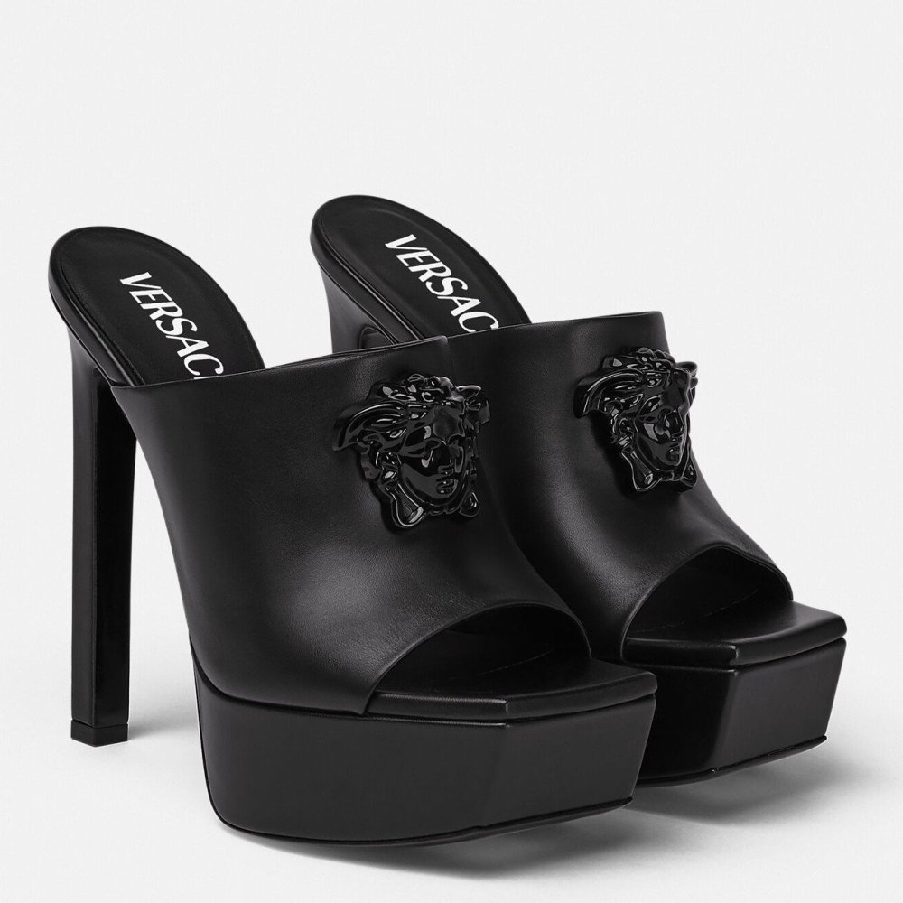 Cheap Reps Versace La Medusa Platform Mules In Black Calfskin