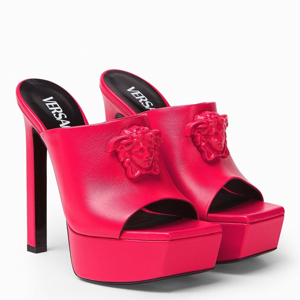 Cheap Reps Versace La Medusa Platform Mules In Red Calfskin