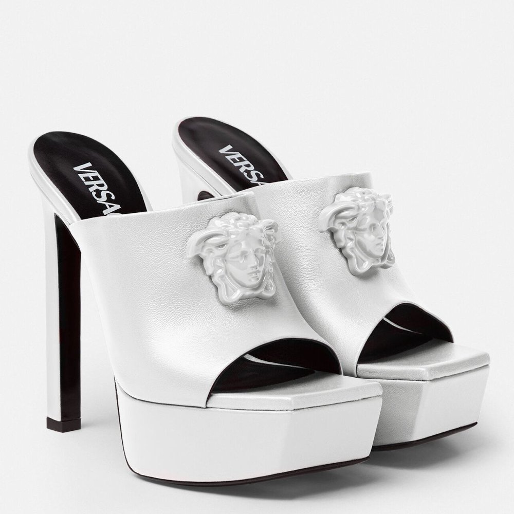 Cheap Reps Versace La Medusa Platform Mules In White Calfskin