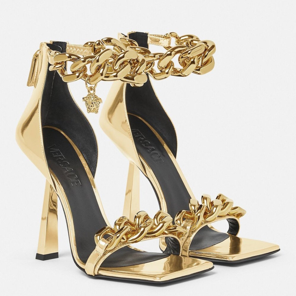 Cheap Reps Versace Medusa Chain Sandals 110mm In Gold Leather