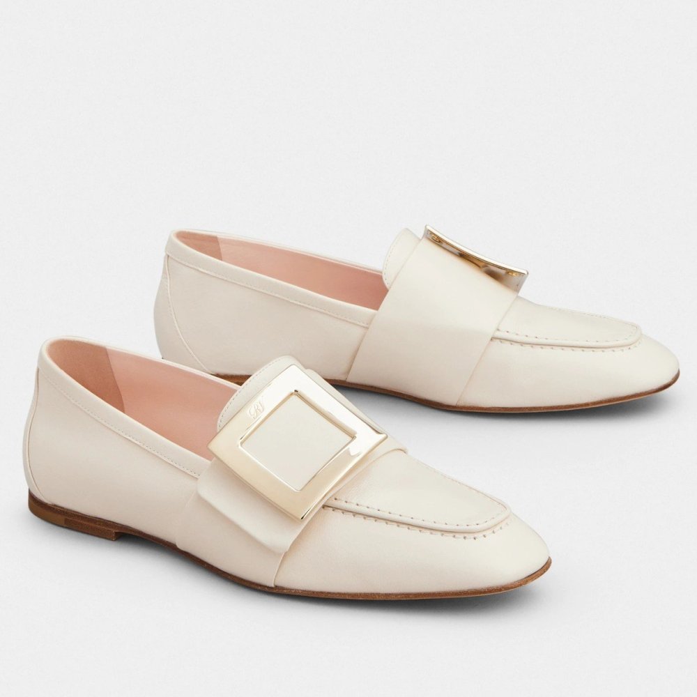 Cheap Reps Roger Vivier Soft Metal Buckle Loafers in White Leather