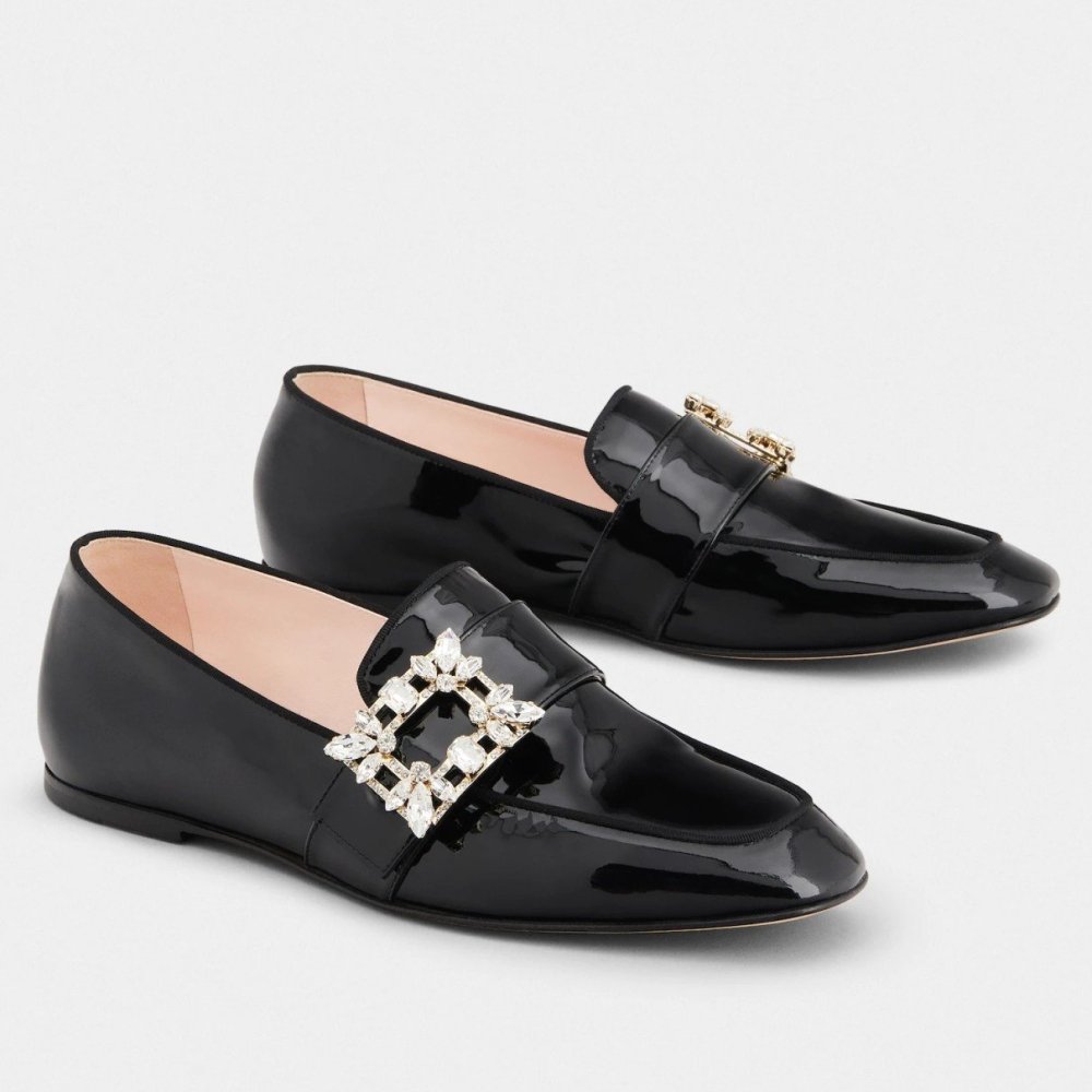 Cheap Reps Roger Vivier Mini Broche Buckle Loafers in Black Patent Leather