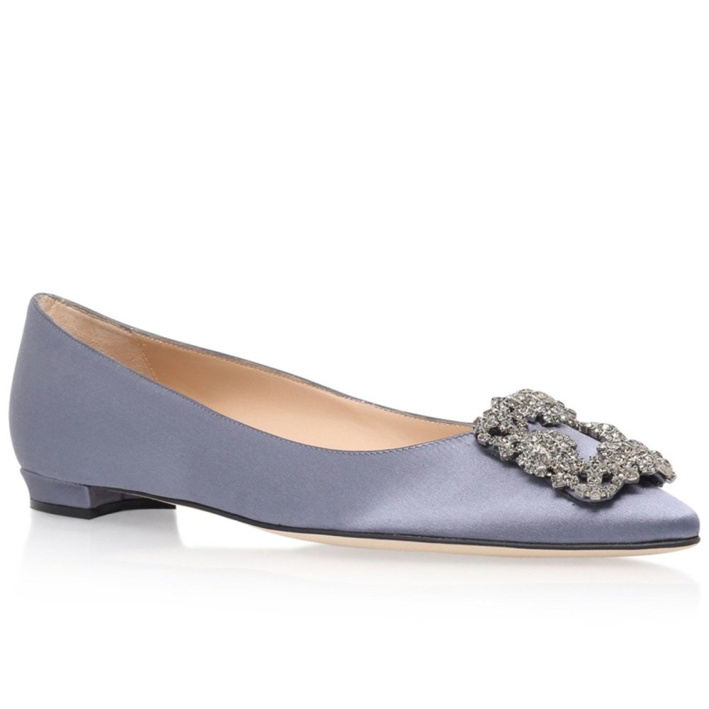 Cheap Reps Manolo Blahnik Hangisi Flats In Grey Satin with Crystal Buckle