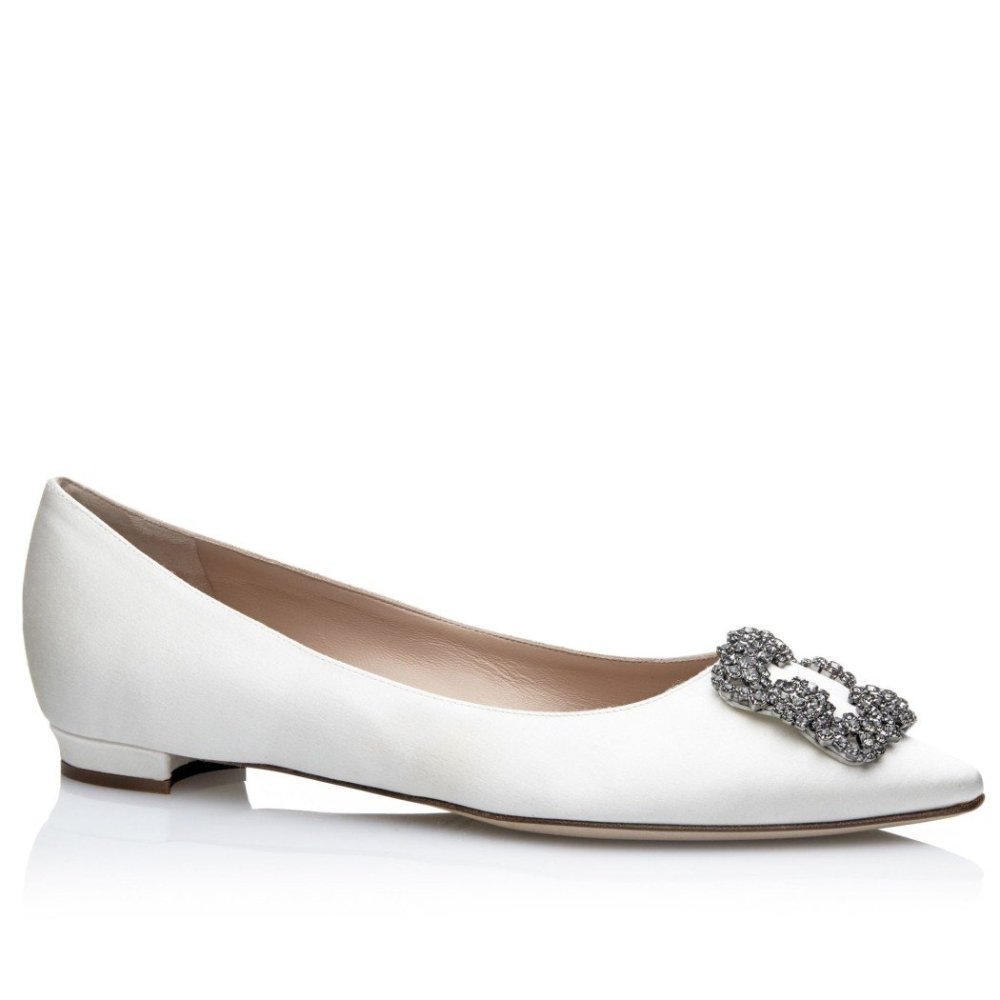 Cheap Reps Manolo Blahnik Hangisi Flats In White Satin with Crystal Buckle