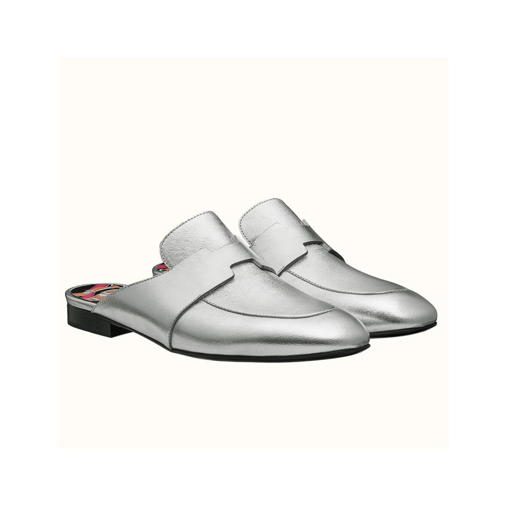 Cheap Reps Hermes Catena Mules In Silver Metallic Calfskin