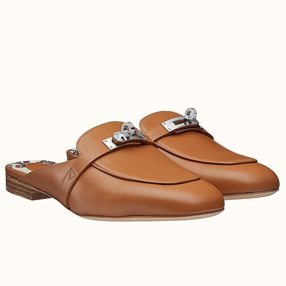 Cheap Reps Hermes Oz Mules In Brown Calfskin