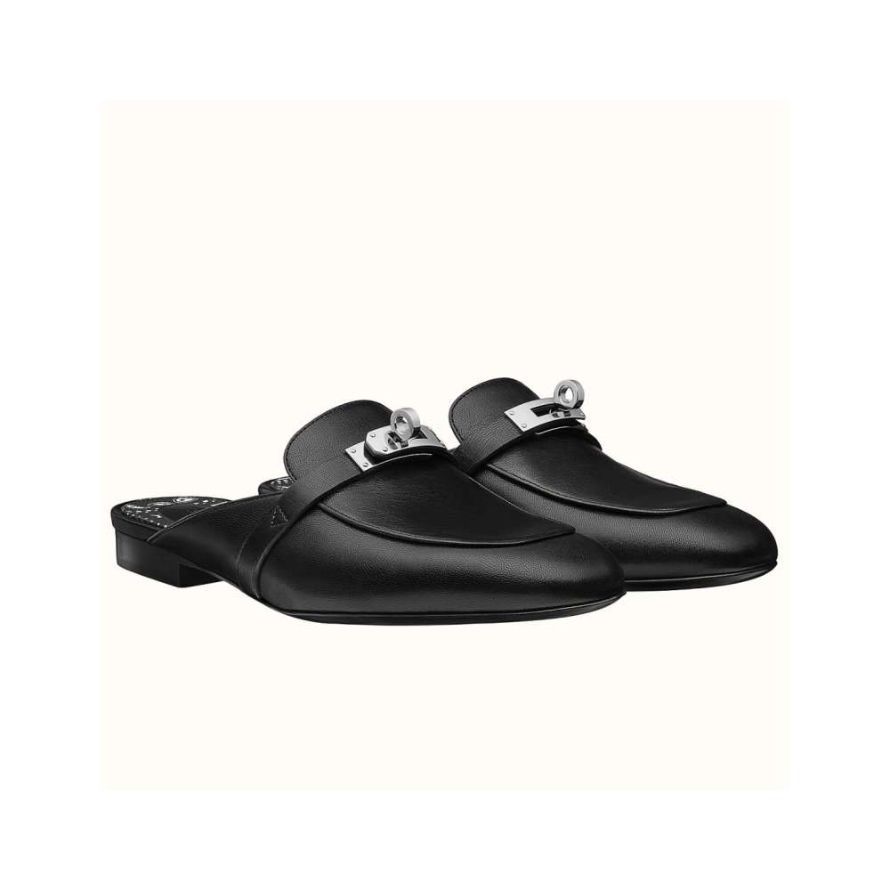 Cheap Reps Hermes Oz Mules In Noir Calfskin