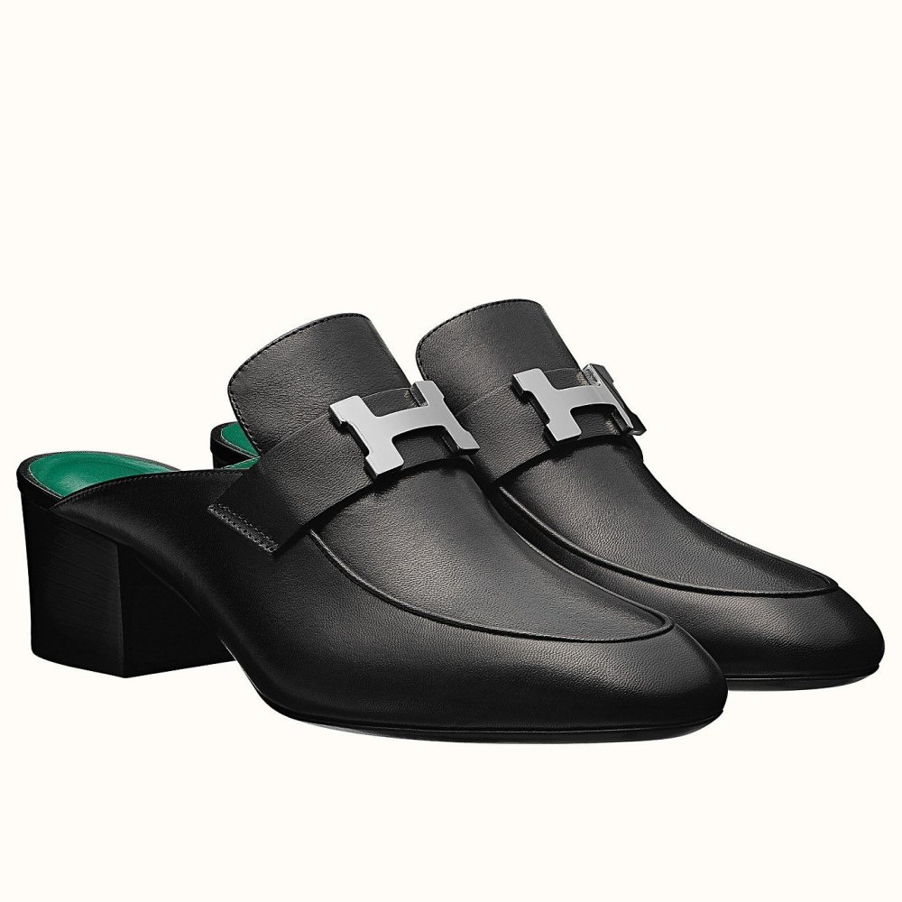 Cheap Reps Hermes Paradis Mules In Black Calfskin