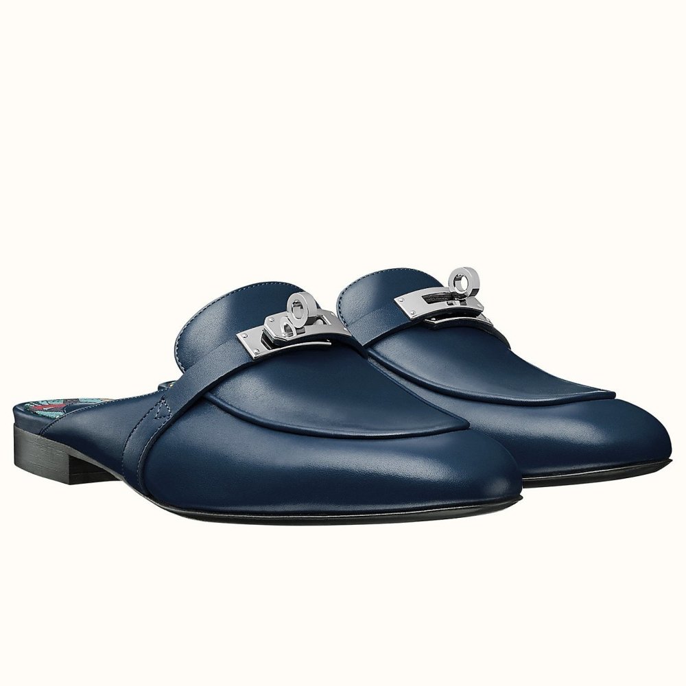 Cheap Reps Hermes Oz Mules In Dark Blue Calfskin