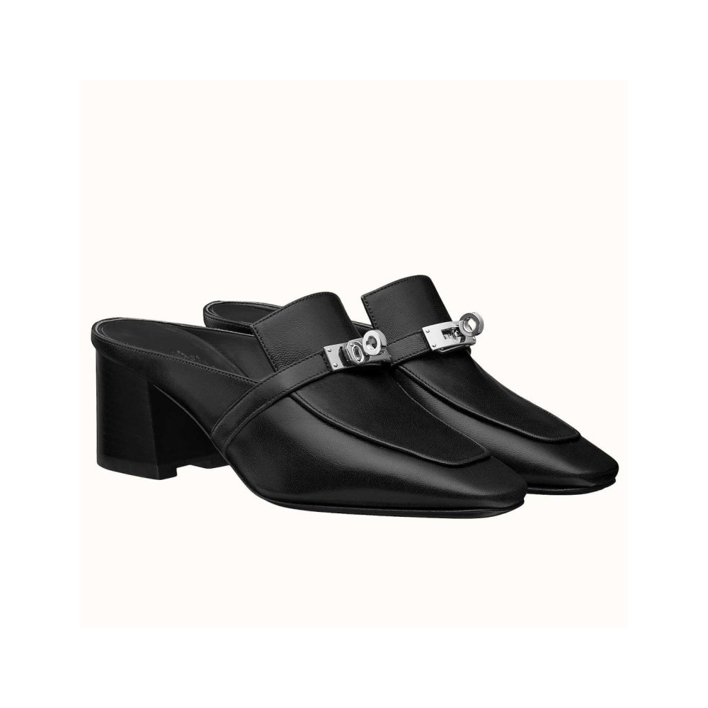 Cheap Reps Hermes Blossom Mules 60mm In Black Goatskin