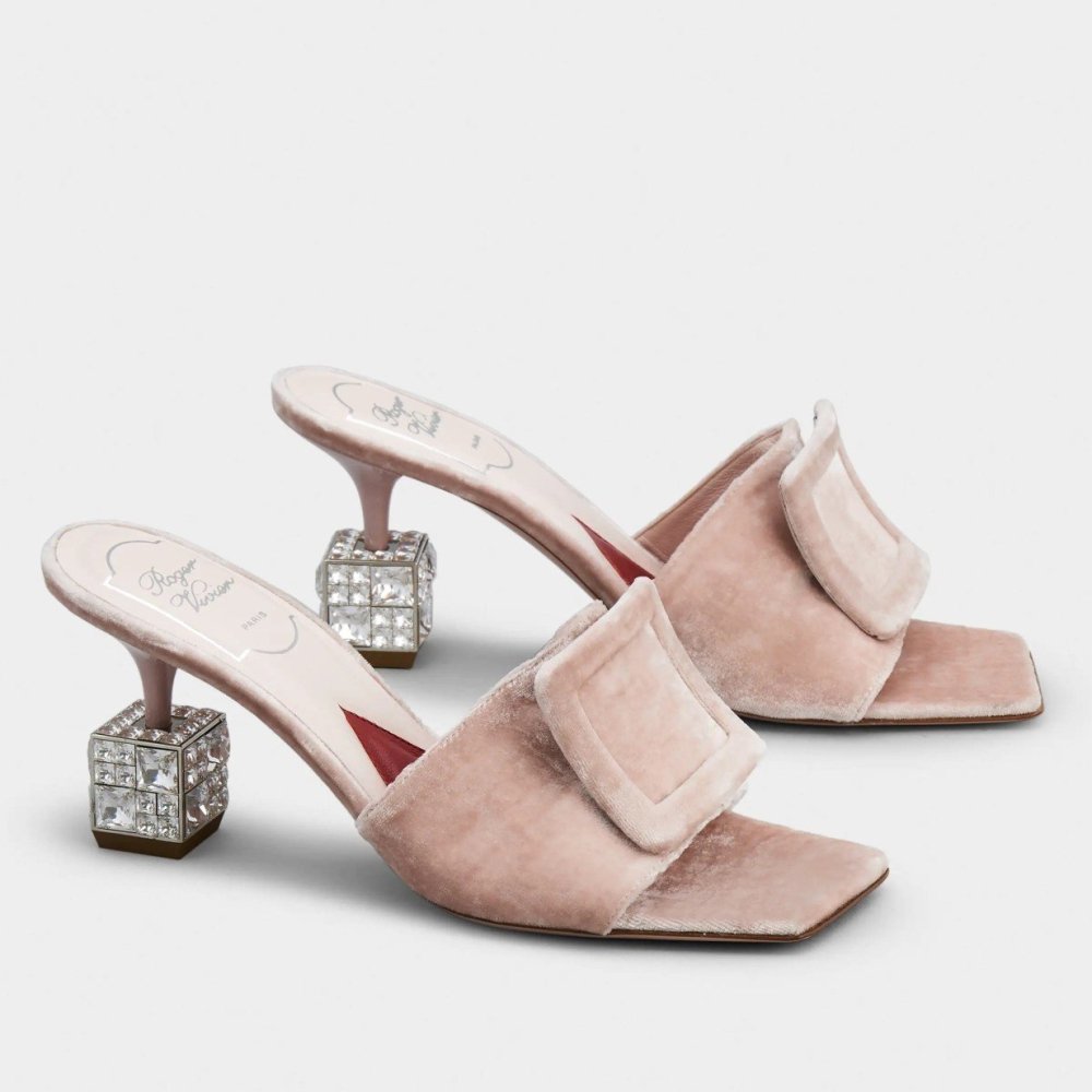 Cheap Reps Roger Vivier Cube Strass Heel Mules in Pink Velvet