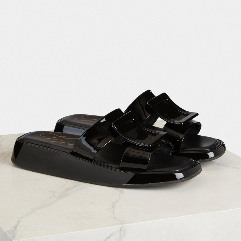 Cheap Reps Roger Vivier Vivier Slide Covered Buckle Mules in Black Patent Leather