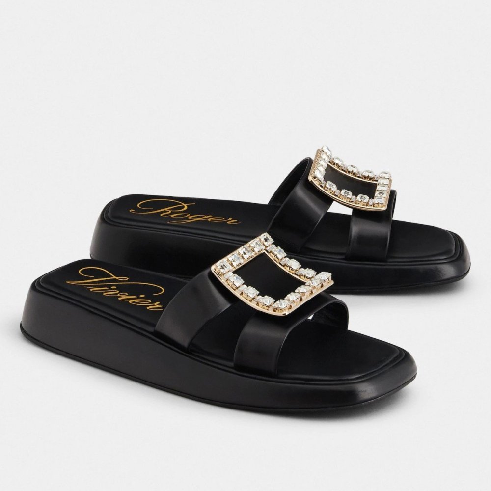 Cheap Reps Roger Vivier Vivier Slide Strass Buckle Mules in Black Leather