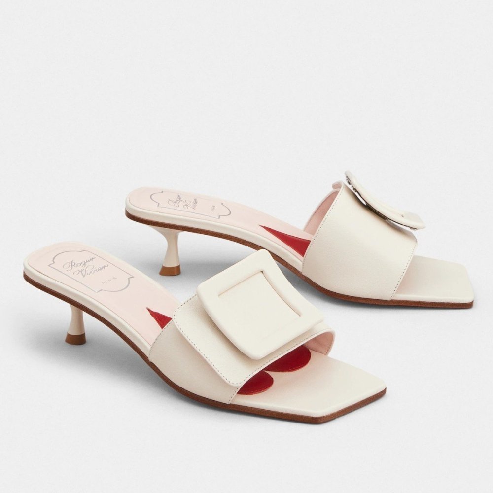 Cheap Reps Roger Vivier Covered Buckle 45mm Mules in White Leather