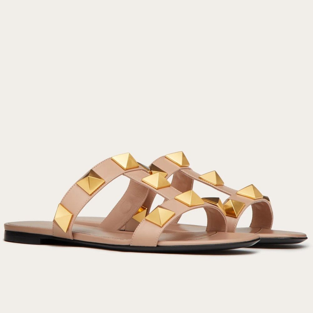 Cheap Reps Valentino Roman Stud Flat Slides In Rose Cannelle Calfskin