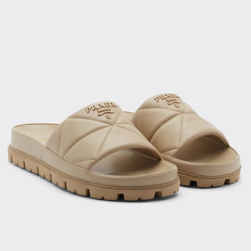 Cheap Reps Prada Womens Slides In Beige Quilted Nappa Leather