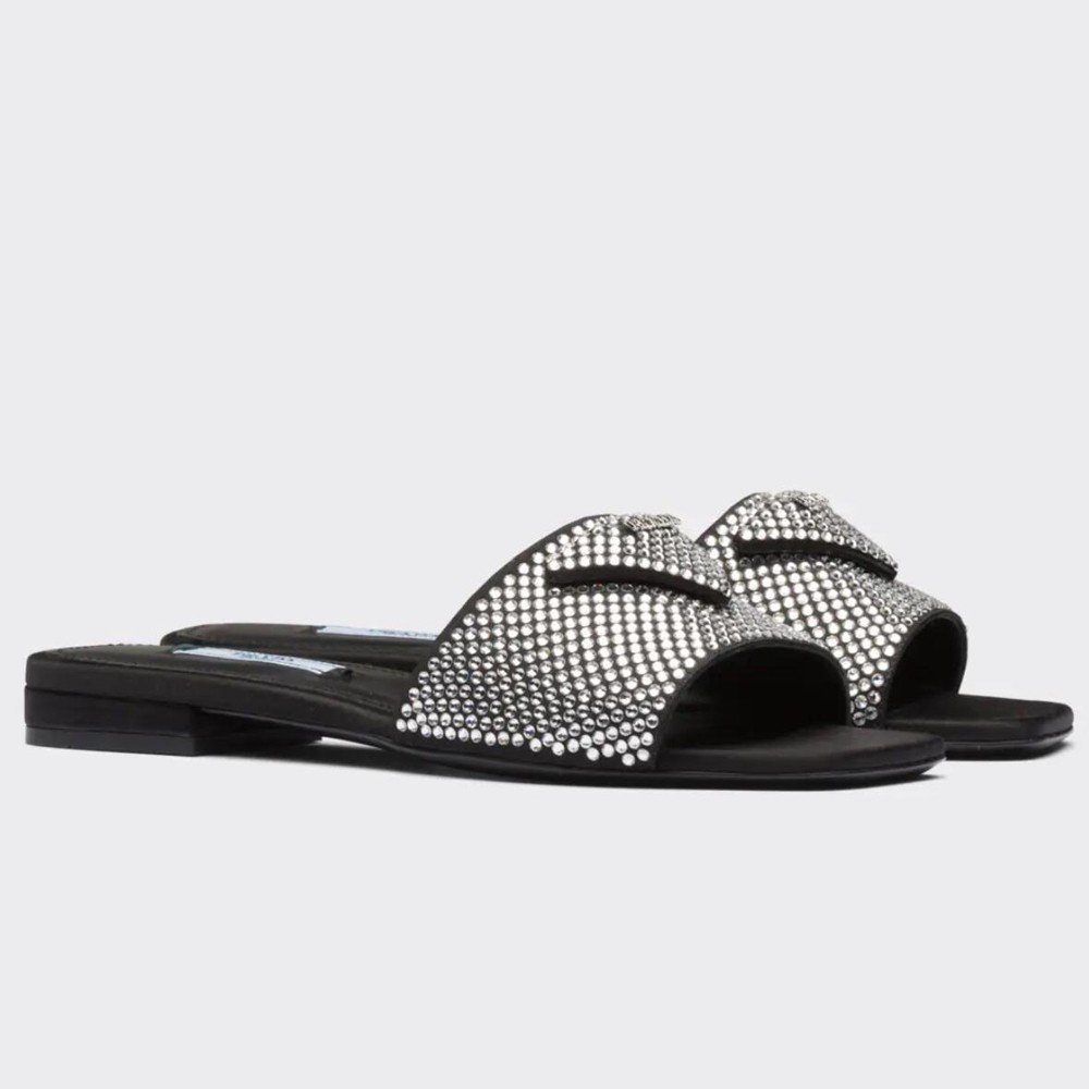 Cheap Reps Prada Womens Satin Slides With Crystals