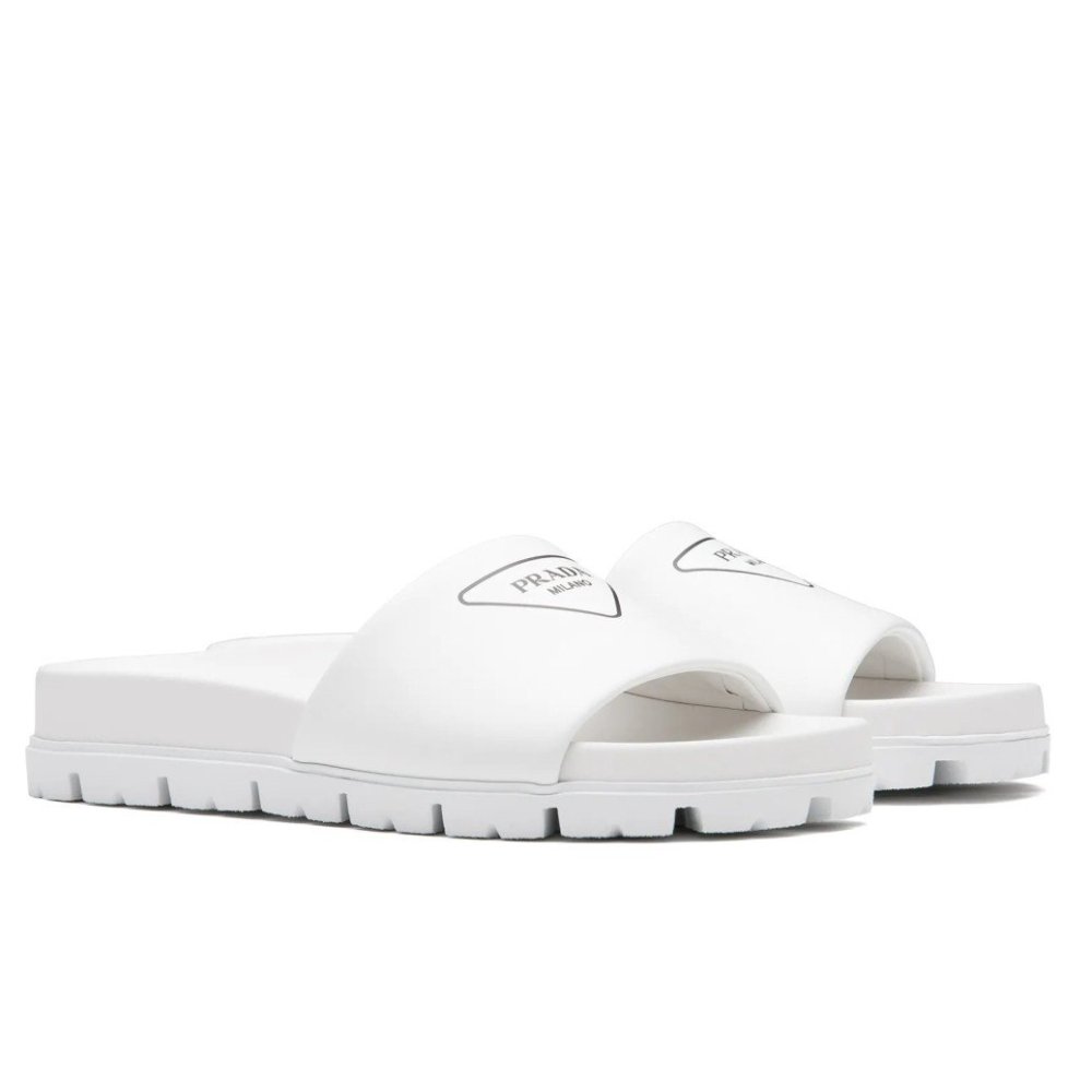 Cheap Reps Prada White Leather Slides with Printed Triangle Logo