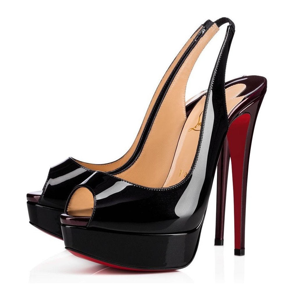 Cheap Reps Christian Louboutin Black Patent Lady Peep Sling Pumps 130mm