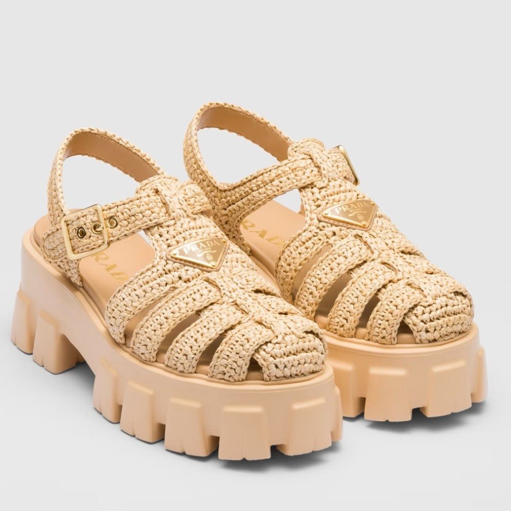 Cheap Reps Prada Monolith Crochet Cage Sandals in Beige Fabric