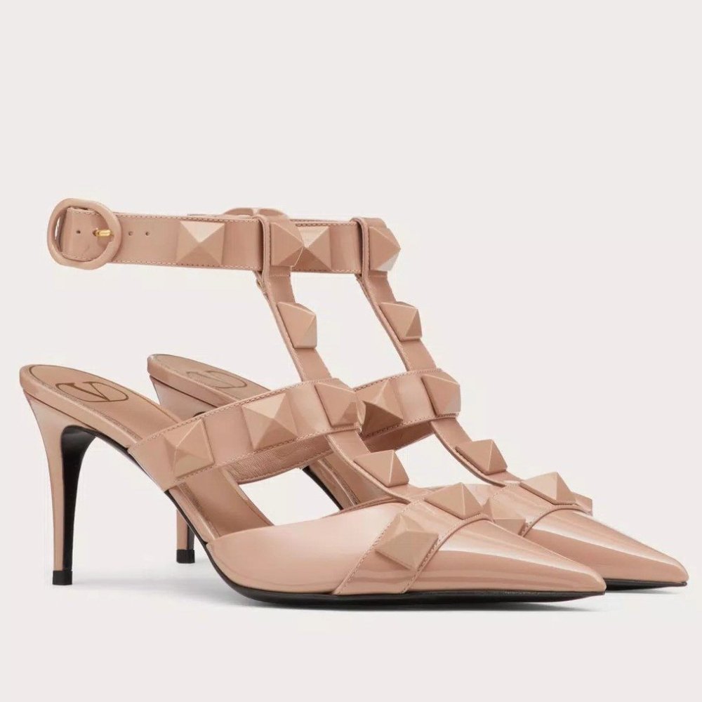 Cheap Reps Valentino Roman Stud Pumps 80mm In Rose Cannelle Patent Leather