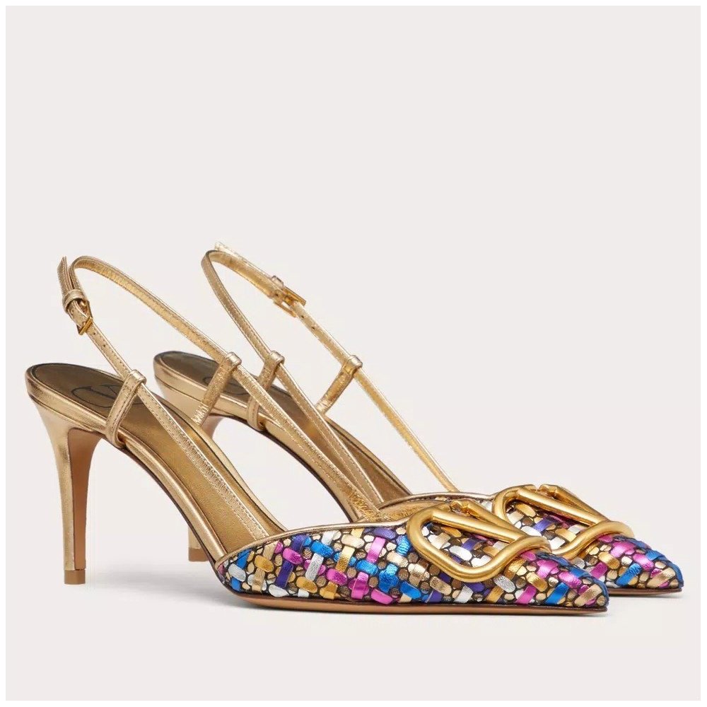 Cheap Reps Valentino VLogo Signature Slingback Pumps 80mm in Woven Metallic Leather