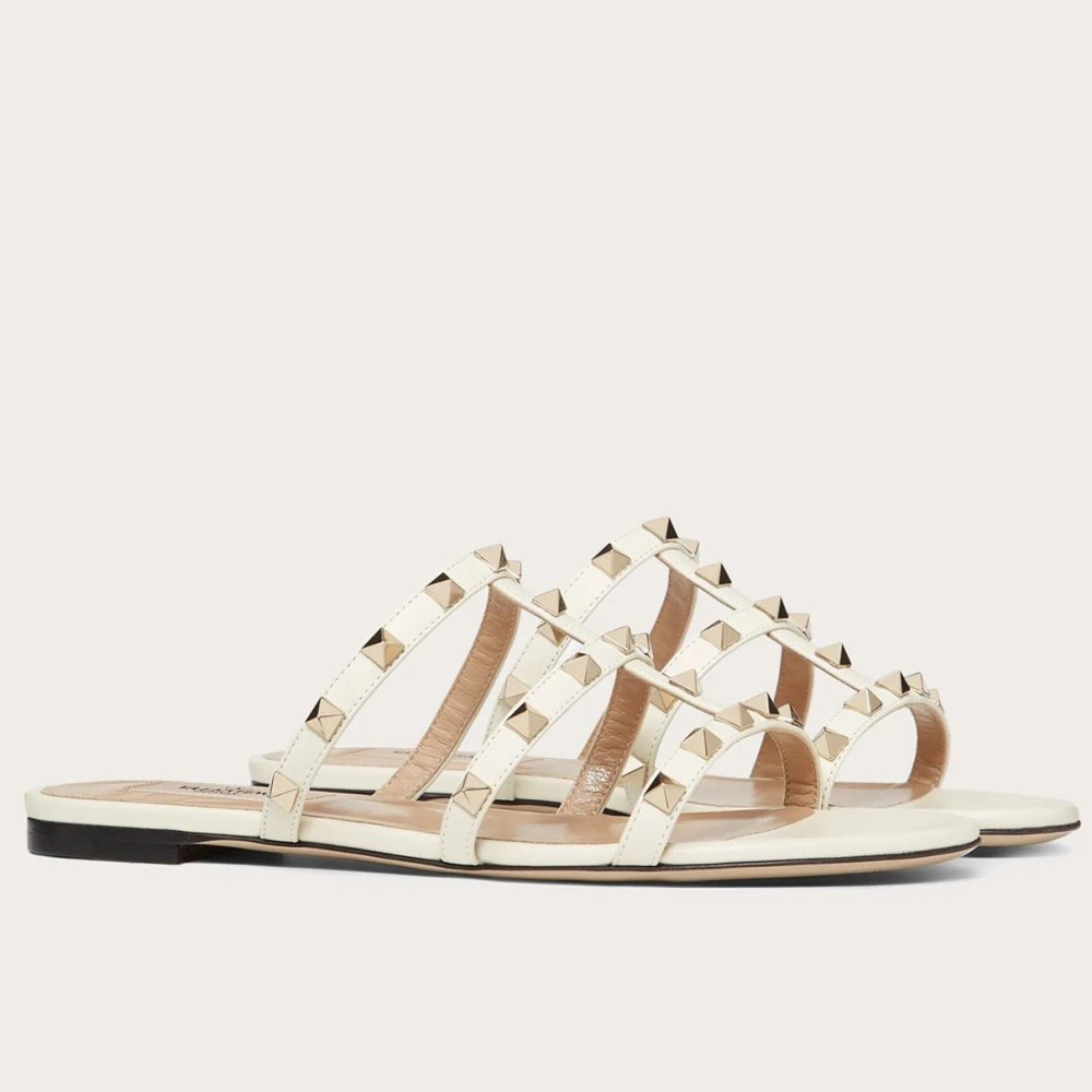 Cheap Reps Valentino Garavani Rockstud Flat Sandals In White Calfskin