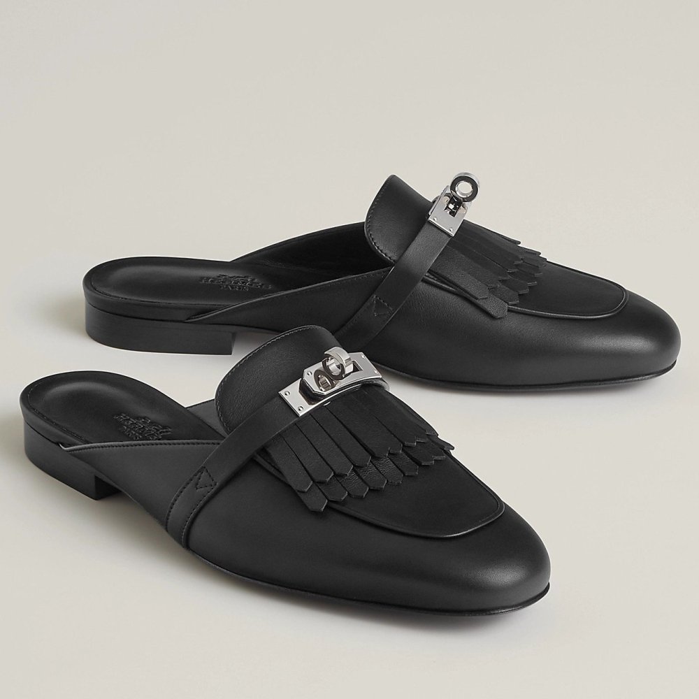 Cheap Reps Hermes Womens Oz Mules with Fringed in Black Leather